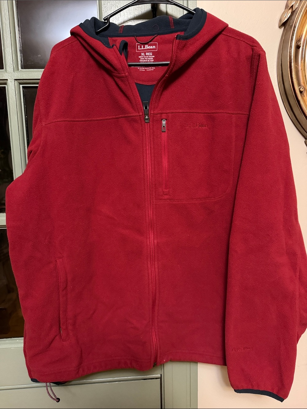 L.L. Bean Men's Red Full-Zip Hooded Fleece Jacket with Black Trim